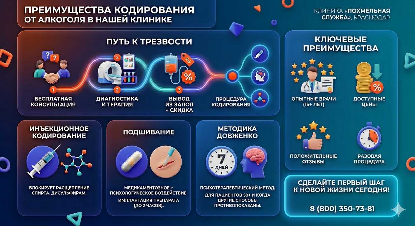 Инфографика о методах кодирования от алкоголя в Луге: инъекции, подшивание, метод Довженко. Преимущества клиники и этапы лечения.